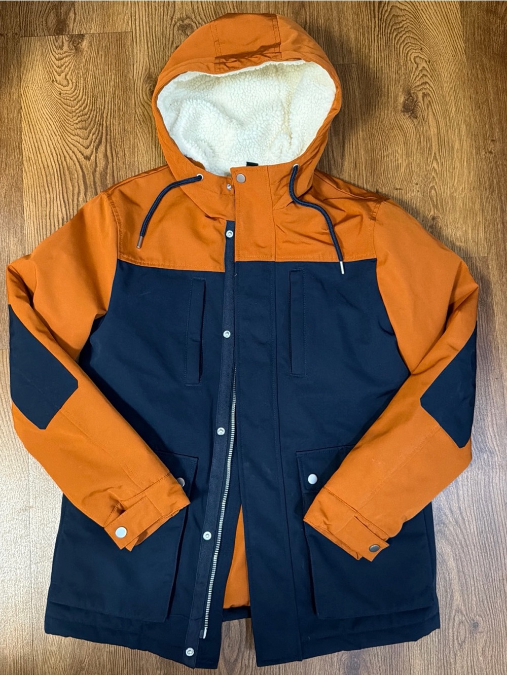 Maison Jules Orange and Navy Hooded Colorblock Jacket